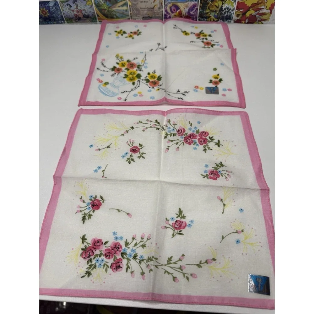 Vintage Japanese Floral Handkerchiefs Set of 2 Pink‎ Trim Cotton 9.5x10